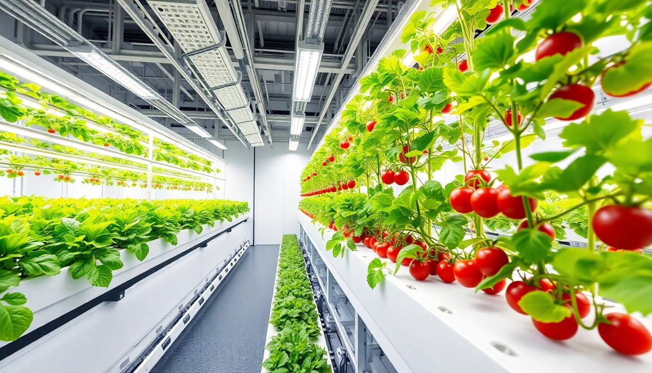 近未来的な植物工場内部でLED照明の下で栽培される機能性野菜