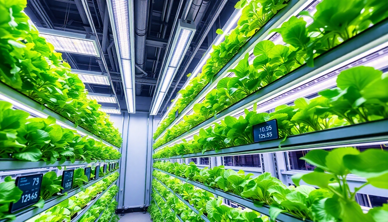 先端的な植物工場内の高度なデータ監視システムとLED栽培の様子